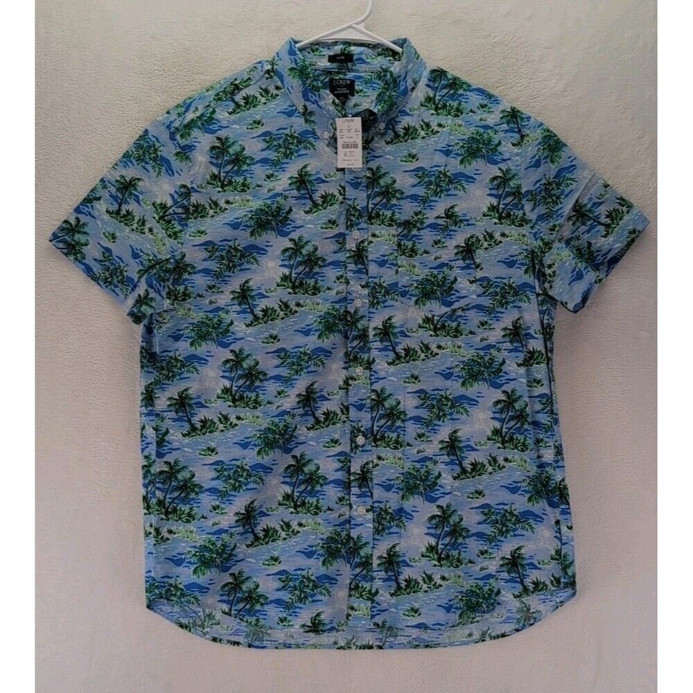 J.Crew Flex Washed Slim Hawaiian Palm Trees Button Down Short Sleeve Shirt XL